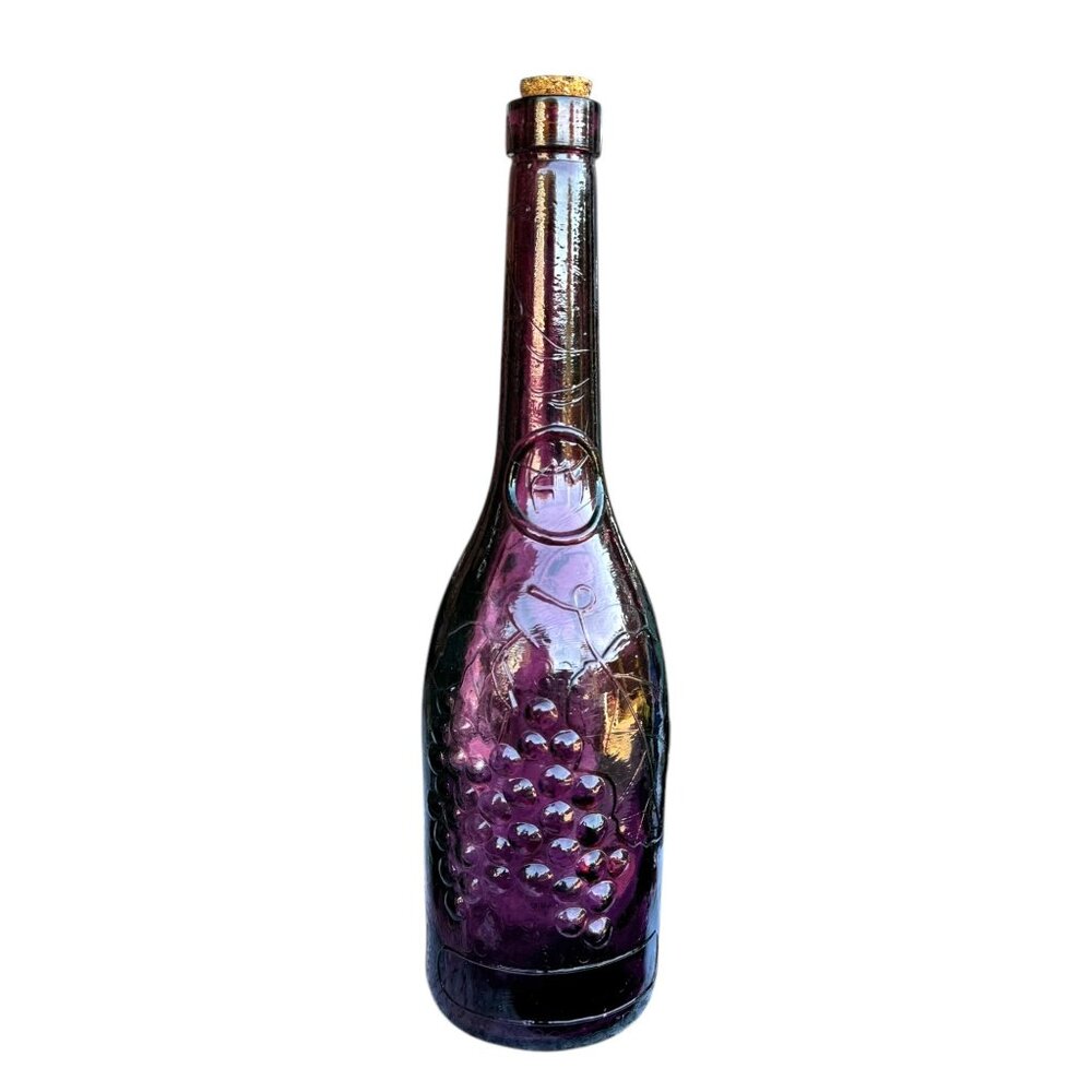 Decorative Purple Wine Bottle With Grape Design & Cork Stopper